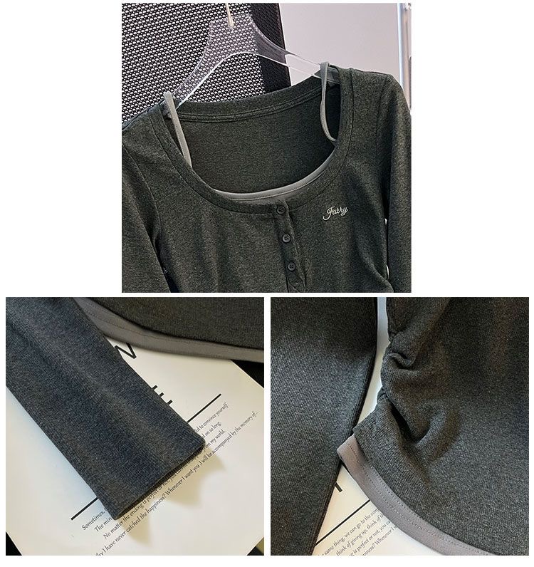 2024 Women's Dark Grey Fake Two Piece Autumn Long Sleeve Top